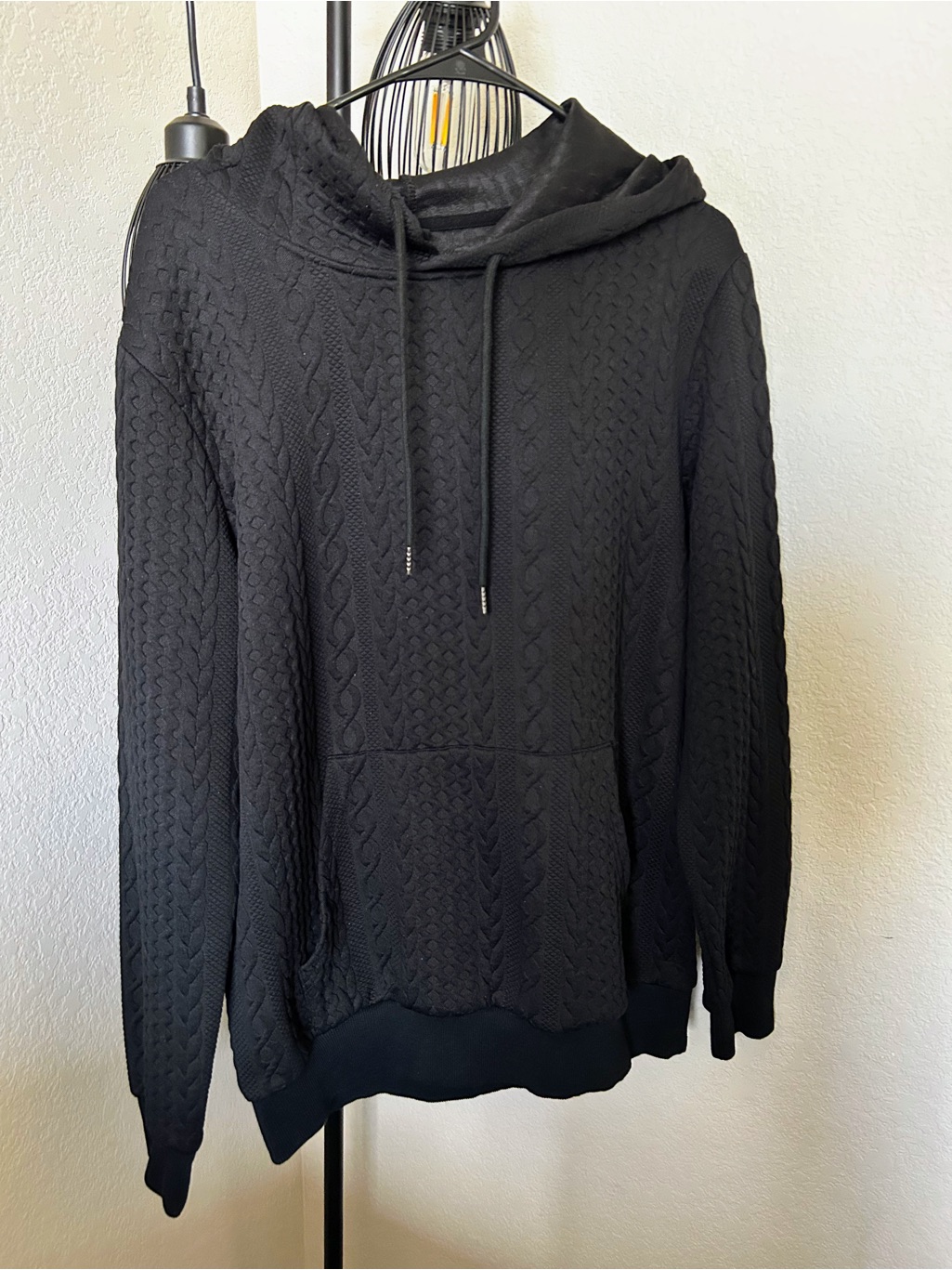 Men's Black Cable-Knit Zip-Up Hoodie Sweater